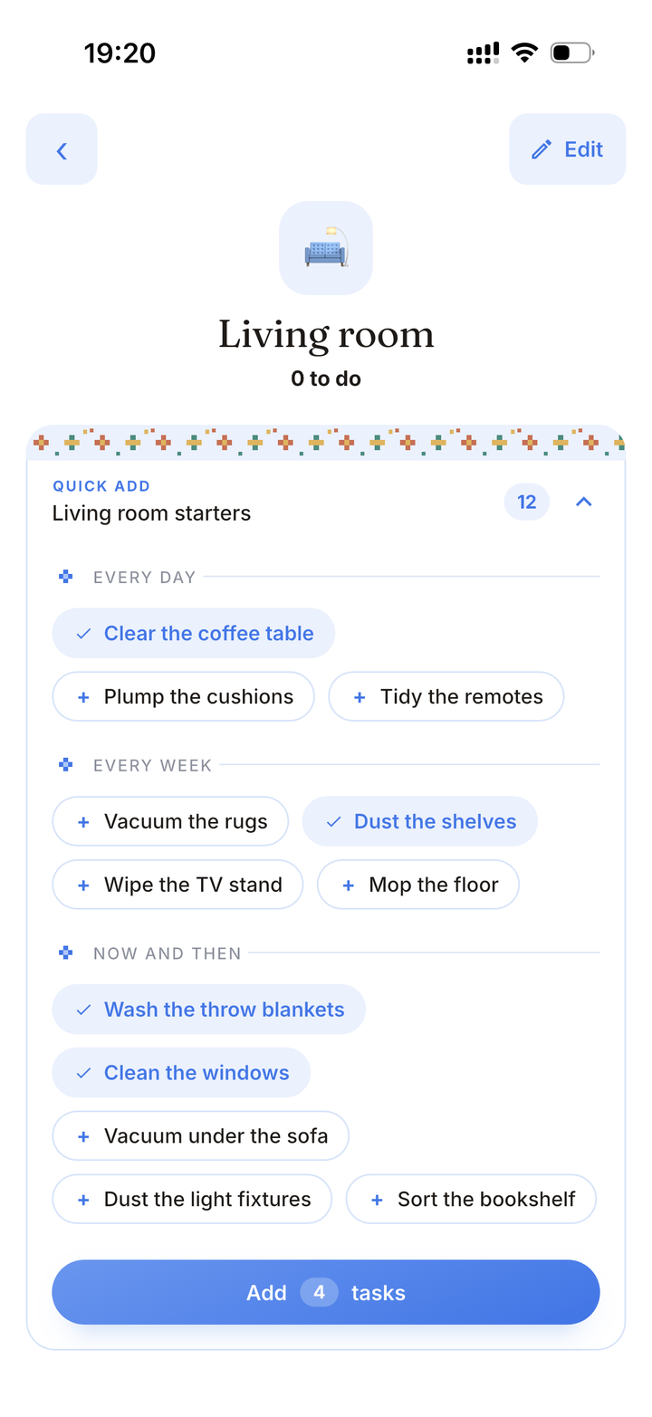 Lino quick add — ready-made room starter chores you tap to add